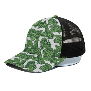 Vintage Hop Cone Pattern Print Black Mesh Trucker Cap