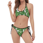 Vintage Hop Cone Pattern Print Halter Scoop Tie Side Bikini