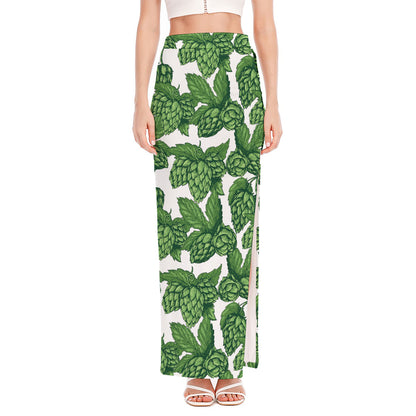 Vintage Hop Cone Pattern Print High Slit Maxi Skirt