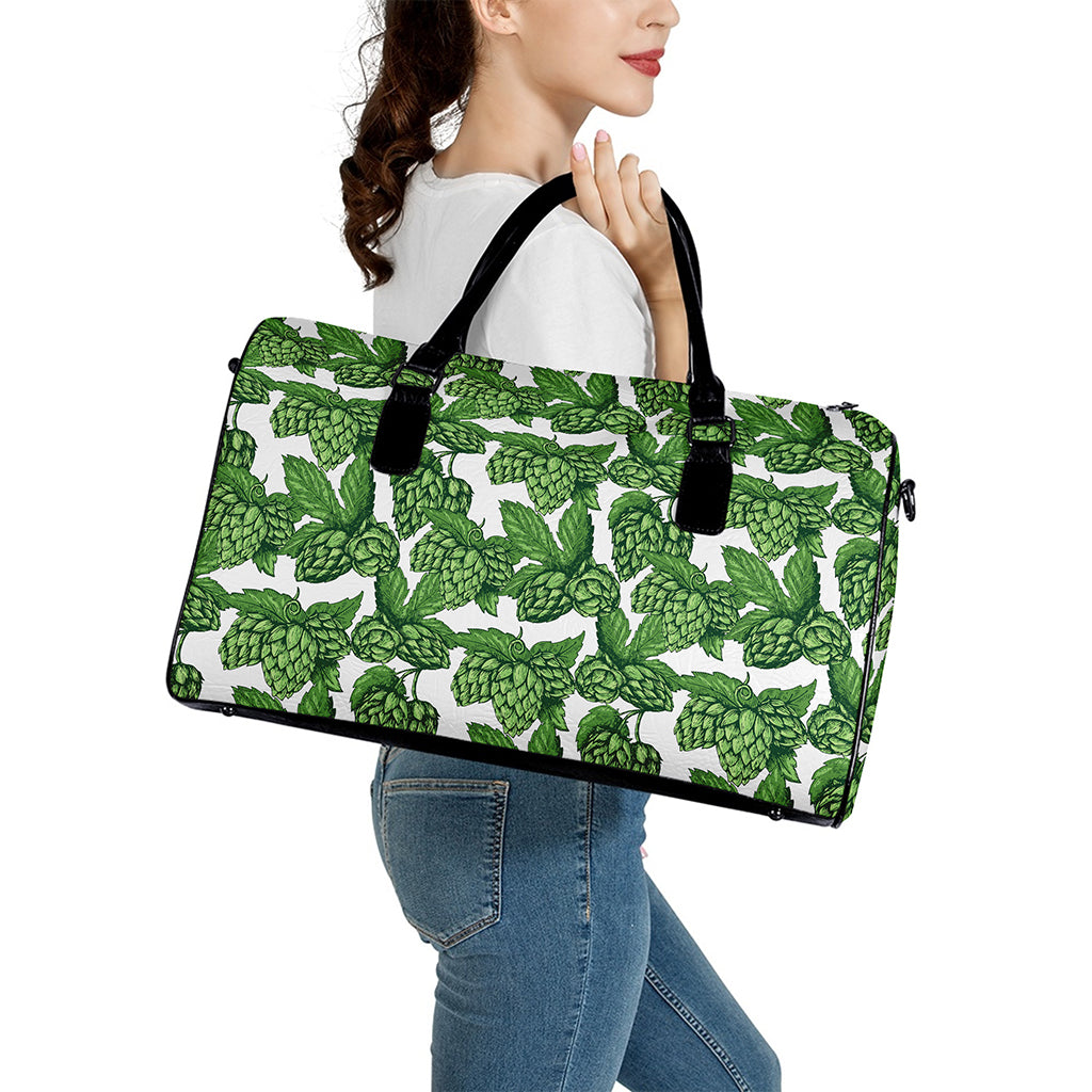 Vintage Hop Cone Pattern Print Leather Duffle Bag