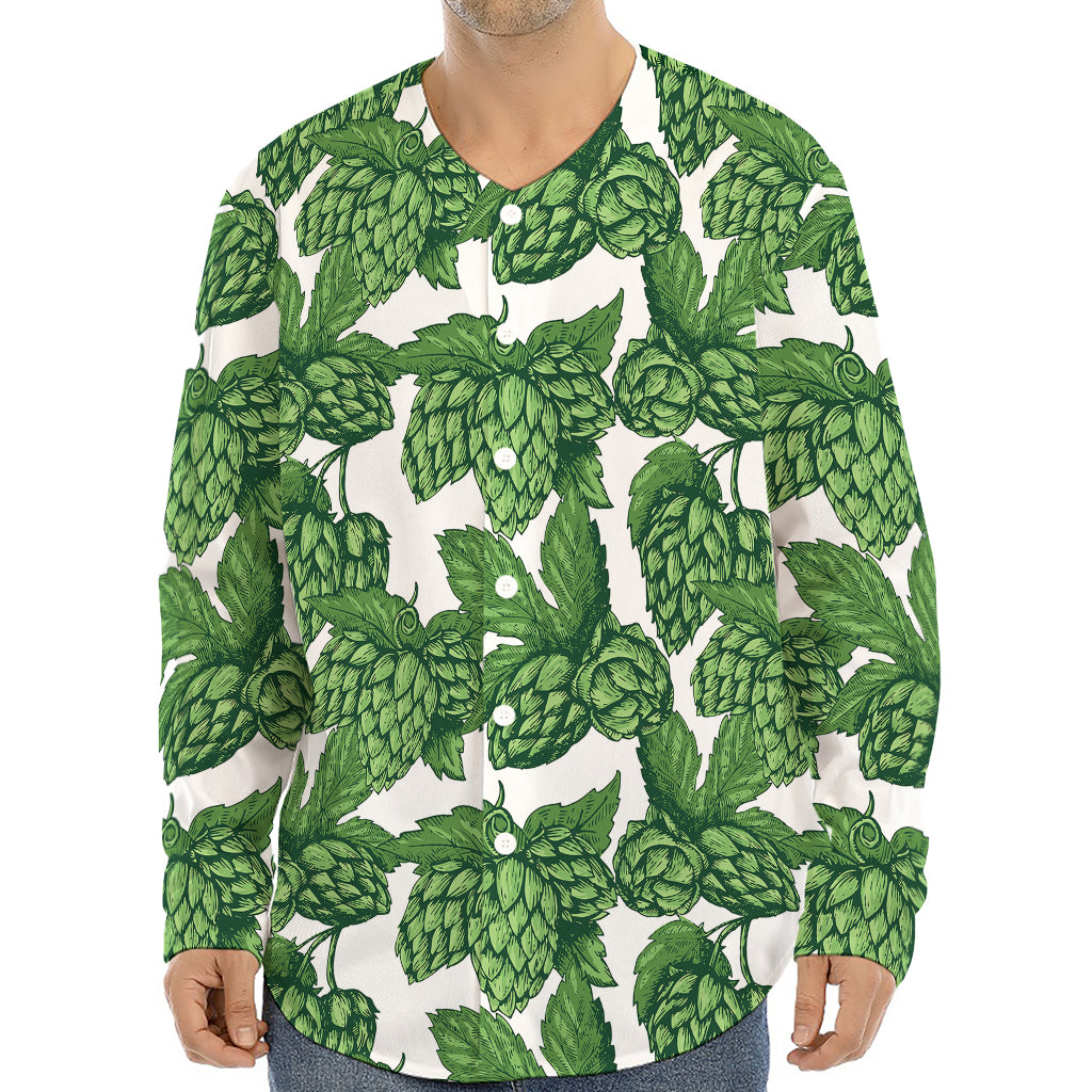 Vintage Hop Cone Pattern Print Long Sleeve Baseball Jersey