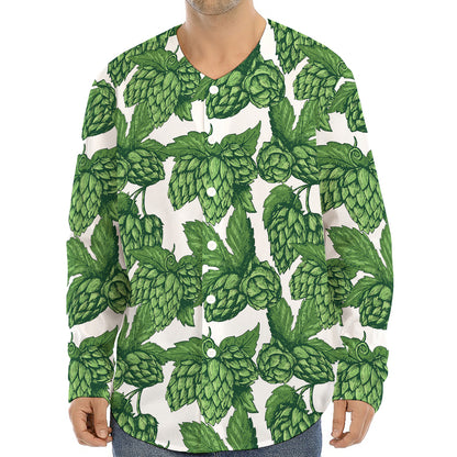 Vintage Hop Cone Pattern Print Long Sleeve Baseball Jersey