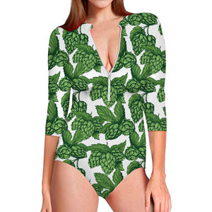 Vintage Hop Cone Pattern Print Long Sleeve Swimsuit