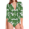 Vintage Hop Cone Pattern Print Long Sleeve Swimsuit