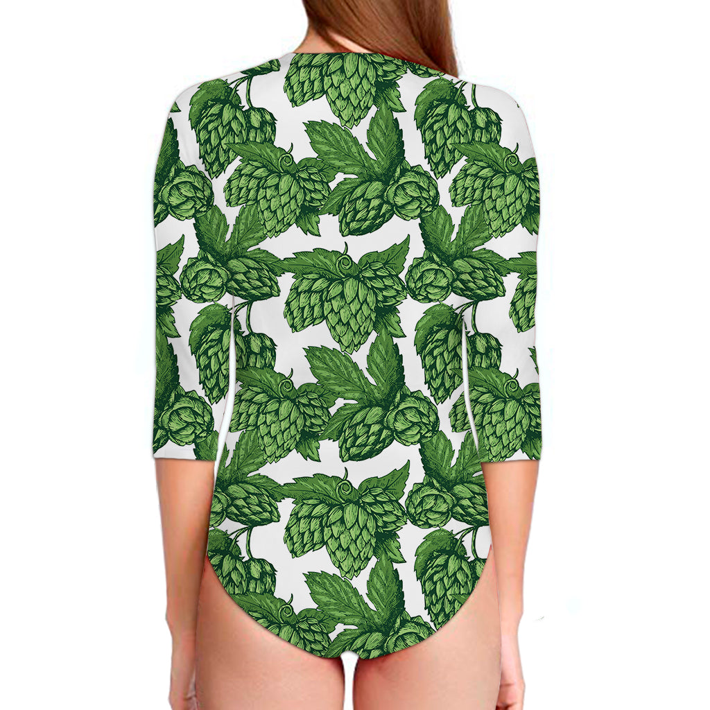 Vintage Hop Cone Pattern Print Long Sleeve Swimsuit