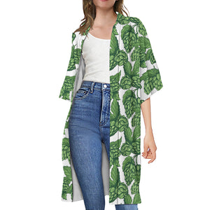 Vintage Hop Cone Pattern Print Open Front Beach Cover Up