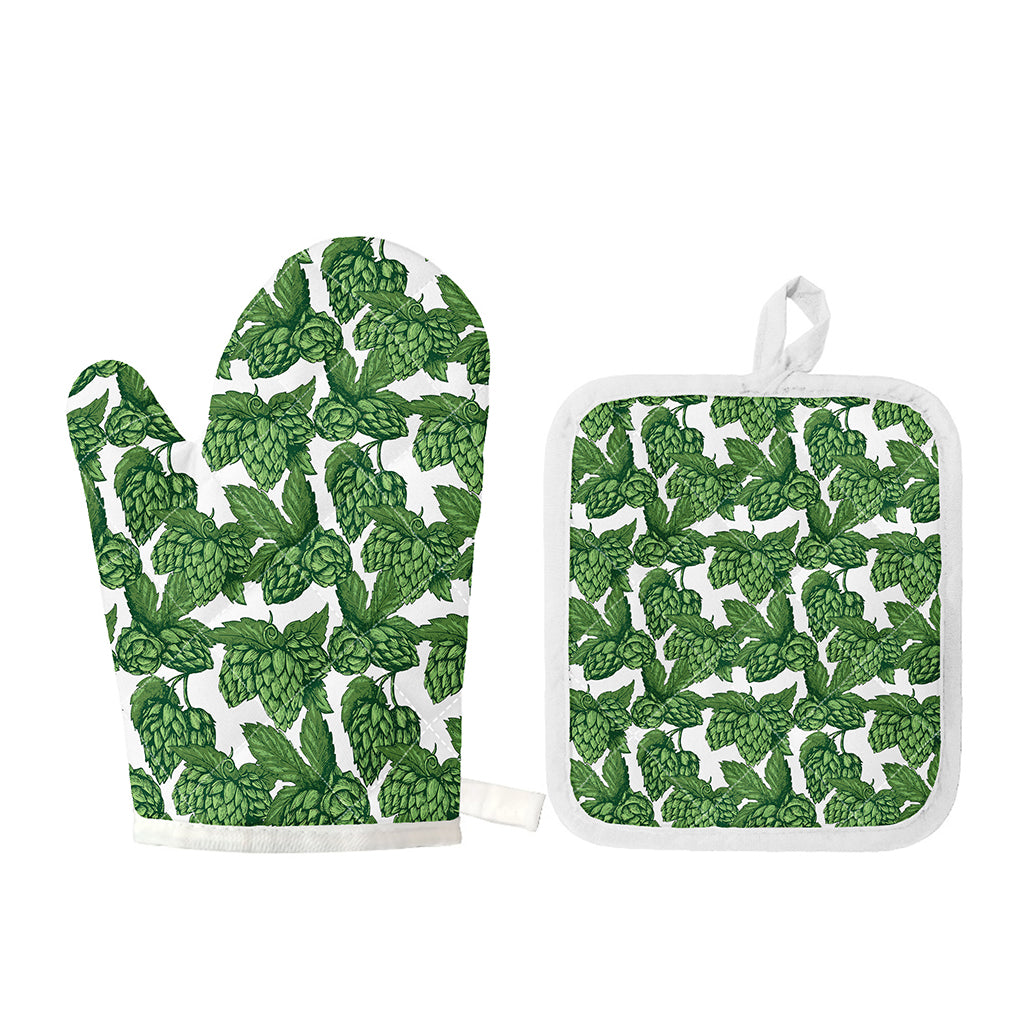 Vintage Hop Cone Pattern Print Oven Mitt And Pot Holder Set
