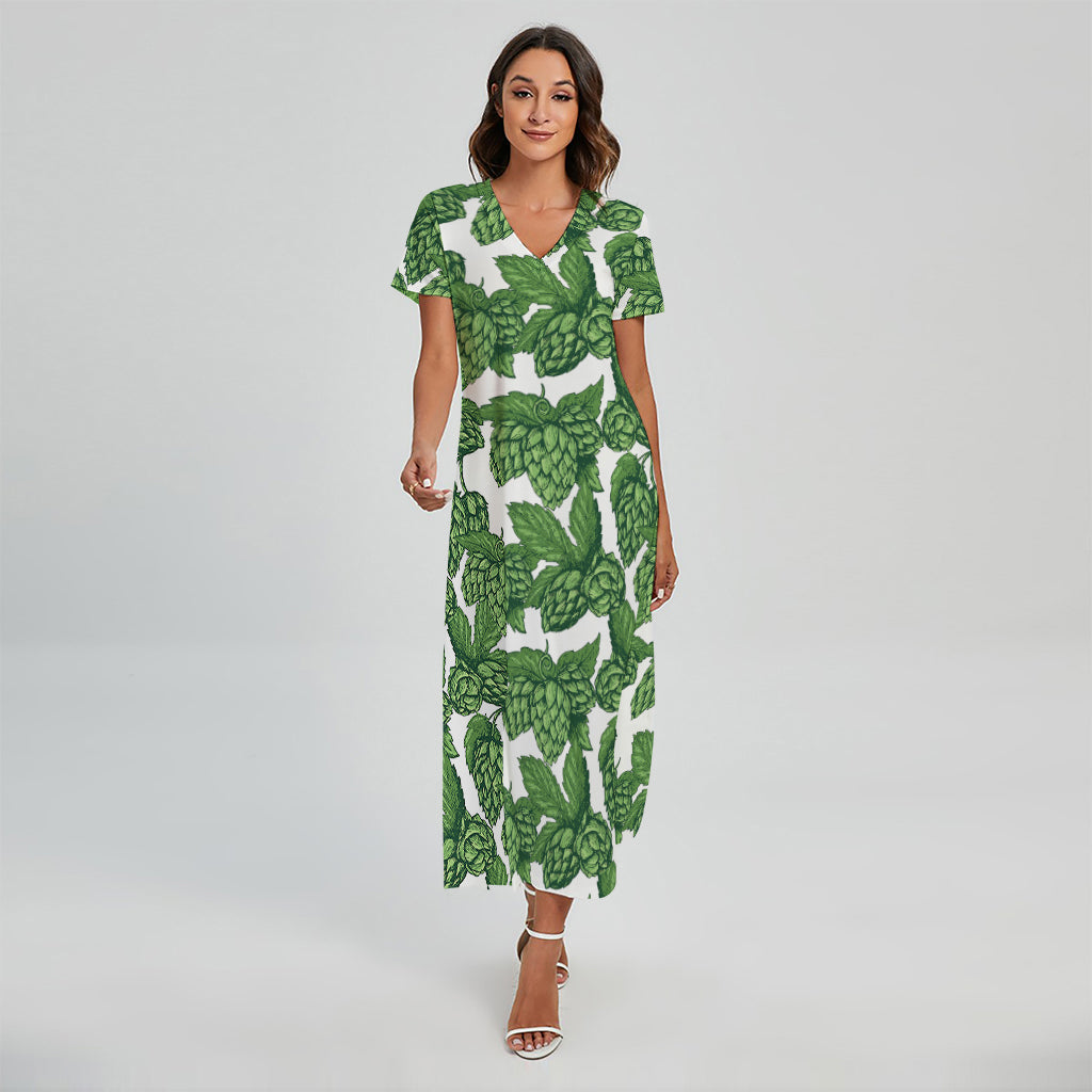 Vintage Hop Cone Pattern Print Short Sleeve Maxi Dress