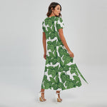 Vintage Hop Cone Pattern Print Short Sleeve Maxi Dress