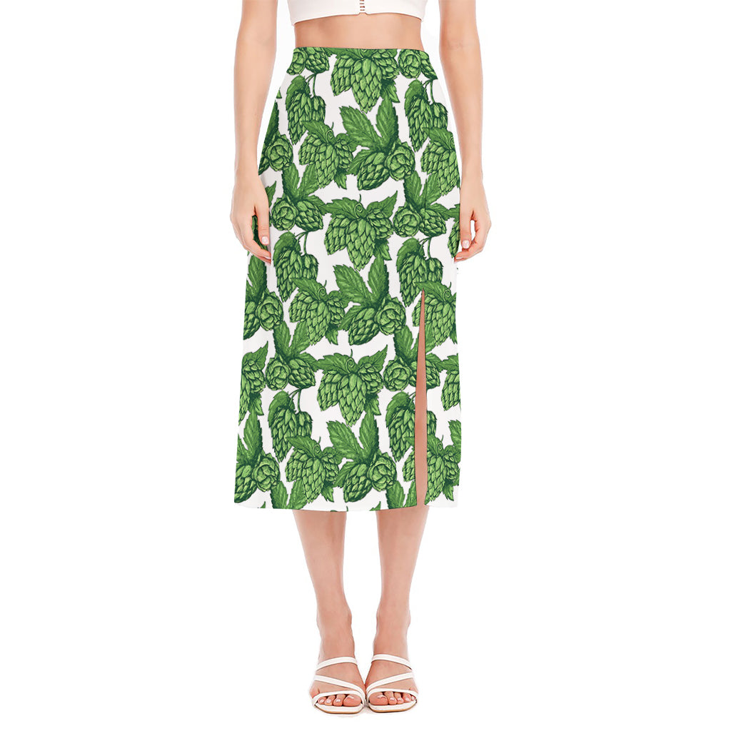 Vintage Hop Cone Pattern Print Side Slit Midi Skirt