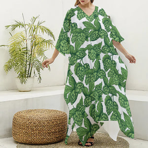 Vintage Hop Cone Pattern Print Silk V-Neck Kaftan Dress