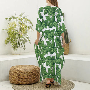 Vintage Hop Cone Pattern Print Silk V-Neck Kaftan Dress