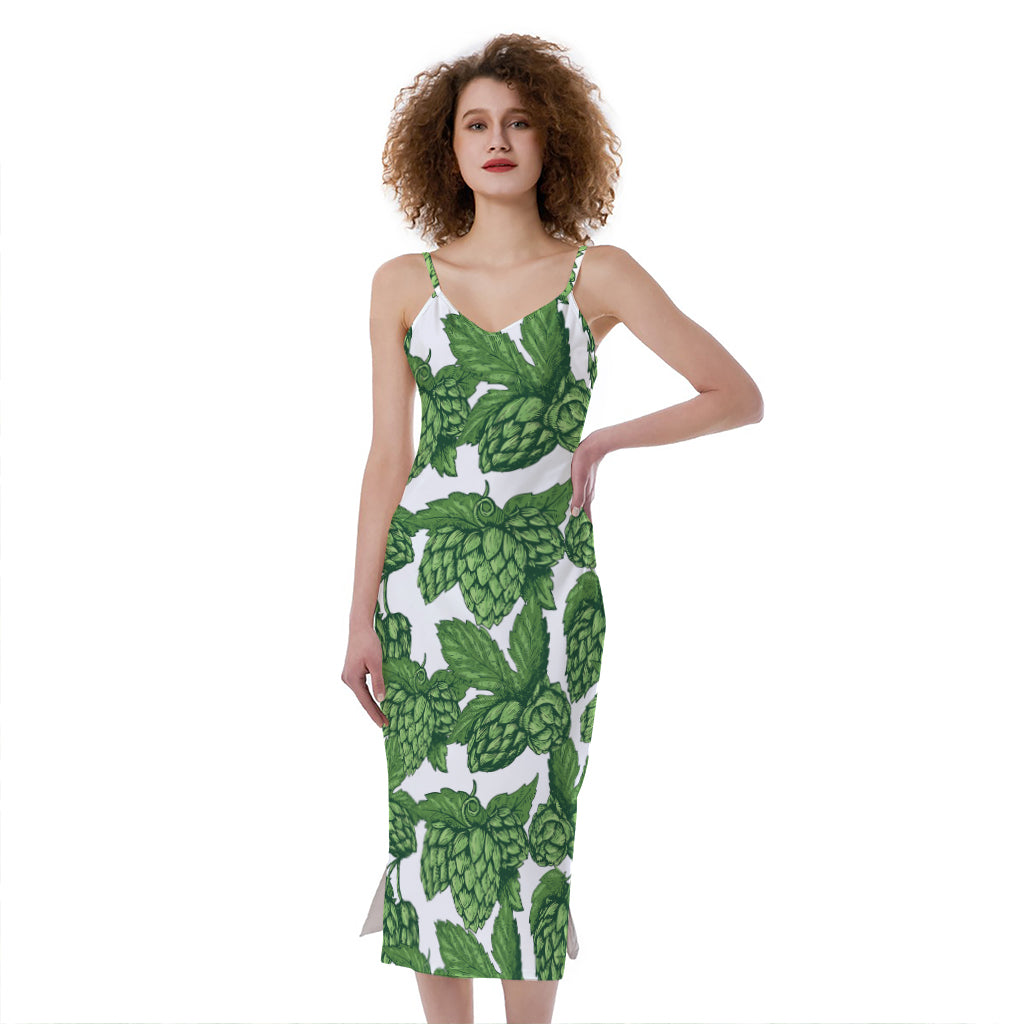 Vintage Hop Cone Pattern Print Slim Fit Midi Cami Dress