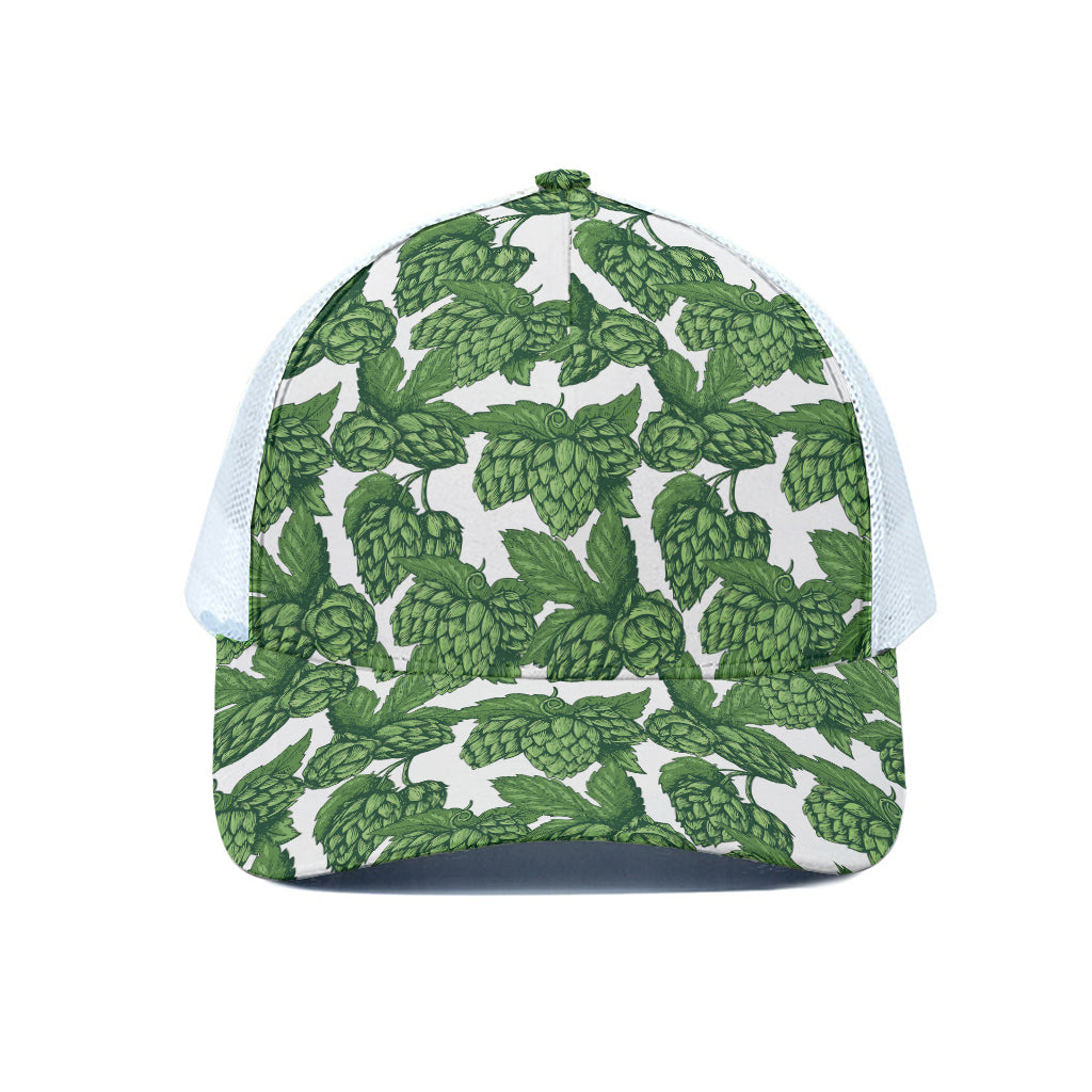 Vintage Hop Cone Pattern Print White Mesh Trucker Cap