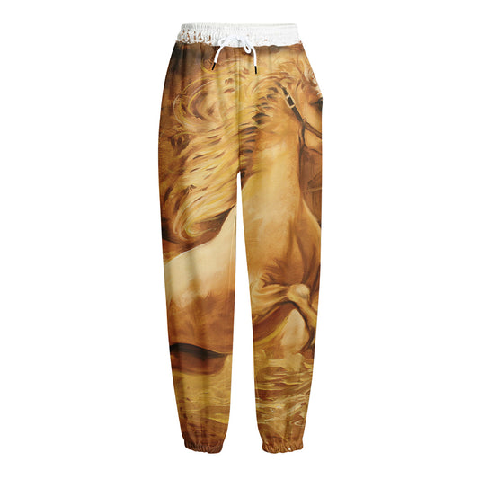 Vintage Horse Painting Print Fleece Lined Knit Pants