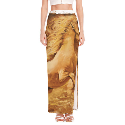 Vintage Horse Painting Print High Slit Maxi Skirt