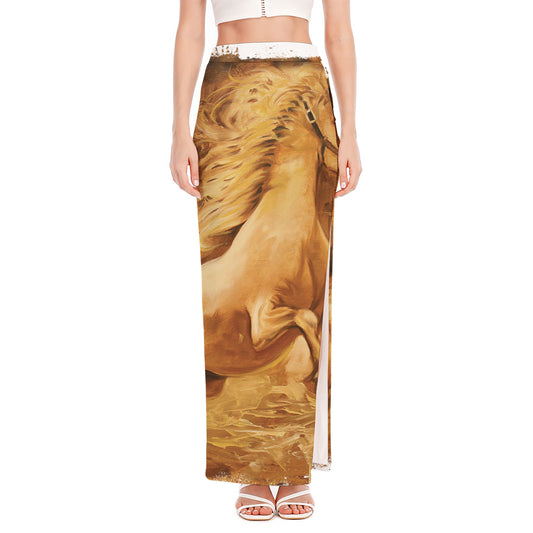 Vintage Horse Painting Print High Slit Maxi Skirt