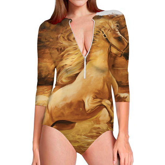 Vintage Horse Painting Print Long Sleeve Swimsuit