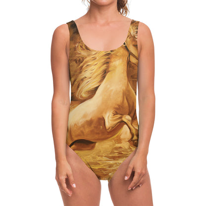 Vintage Horse Painting Print One Piece Swimsuit