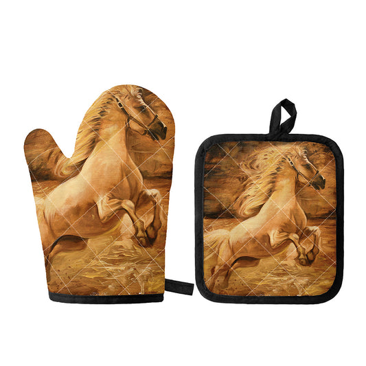 Vintage Horse Painting Print Oven Mitt And Pot Holder Set