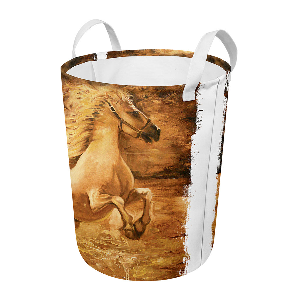 Vintage Horse Painting Print Round Laundry Basket
