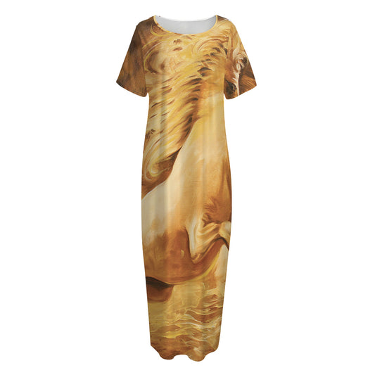 Vintage Horse Painting Print Short Sleeve Long Nightdress