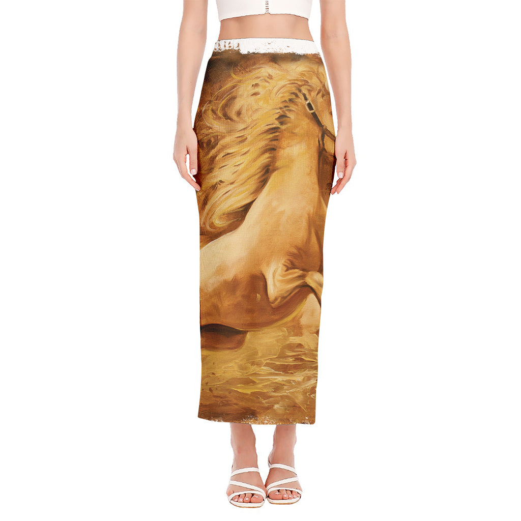 Vintage Horse Painting Print Side Slit Maxi Skirt