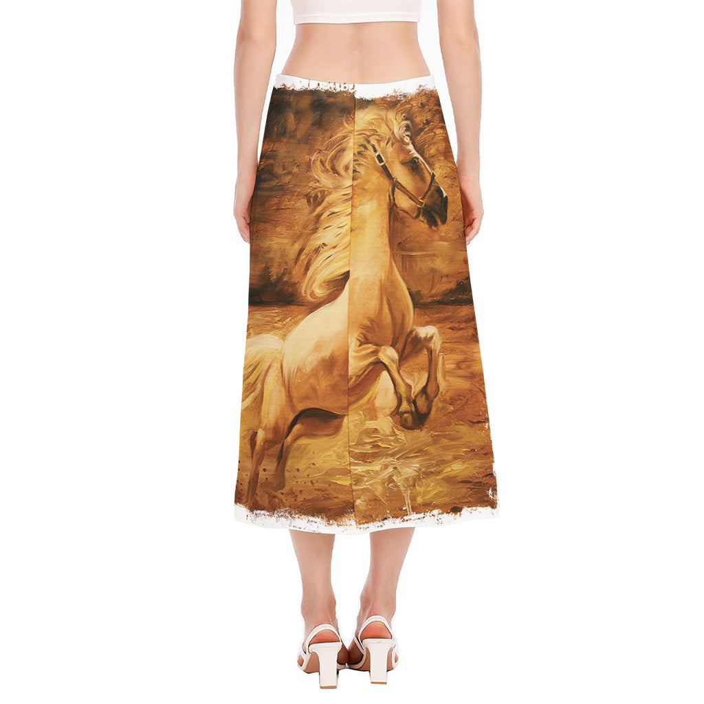 Vintage Horse Painting Print Side Slit Midi Skirt