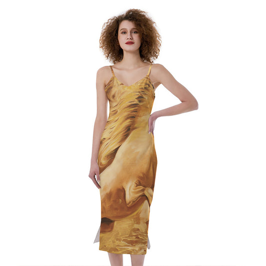 Vintage Horse Painting Print Slim Fit Midi Cami Dress