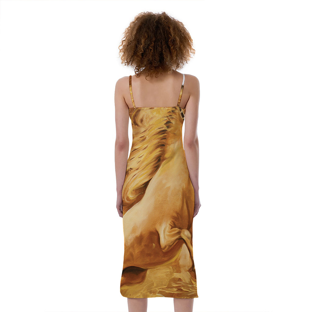 Vintage Horse Painting Print Slim Fit Midi Cami Dress