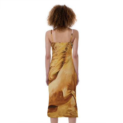 Vintage Horse Painting Print Slim Fit Midi Cami Dress