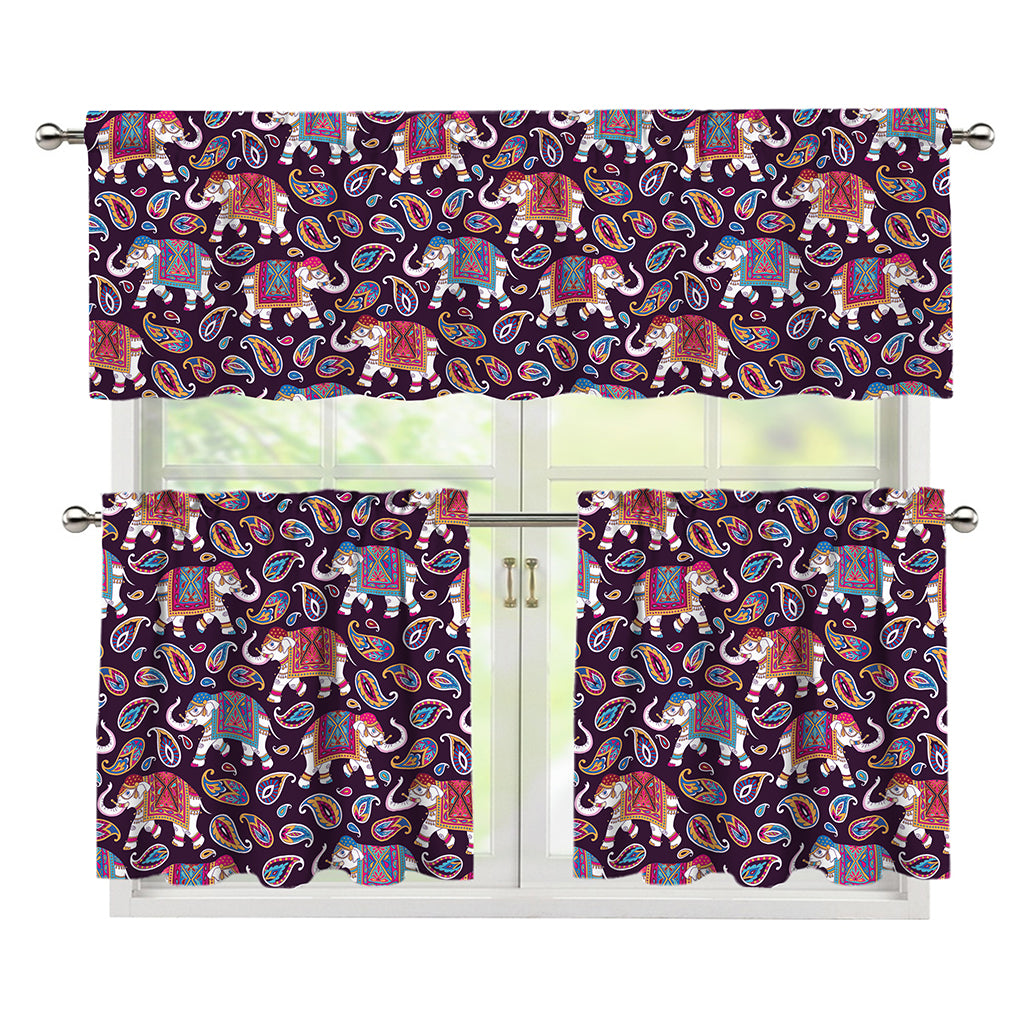 Vintage Indian Elephant Pattern Print 3 Piece Kitchen Curtains