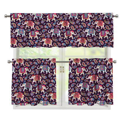Vintage Indian Elephant Pattern Print 3 Piece Kitchen Curtains
