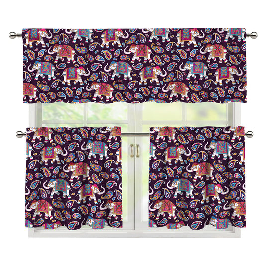 Vintage Indian Elephant Pattern Print 3 Piece Kitchen Curtains