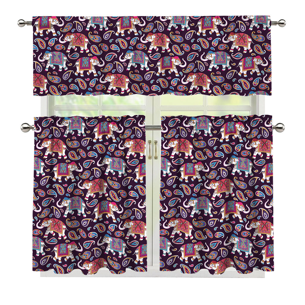 Vintage Indian Elephant Pattern Print 3 Piece Kitchen Curtains