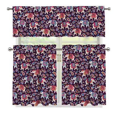 Vintage Indian Elephant Pattern Print 3 Piece Kitchen Curtains