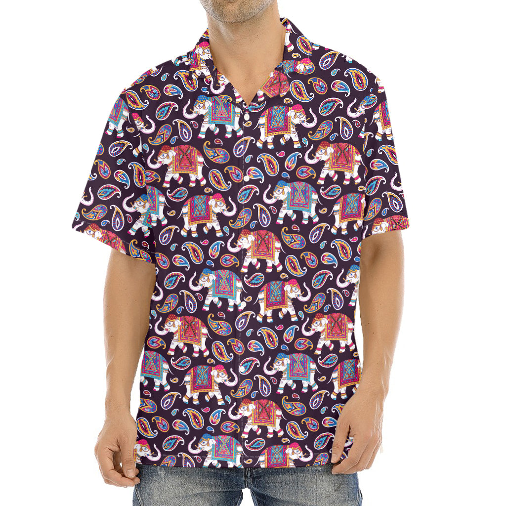 Vintage Indian Elephant Pattern Print Aloha Shirt