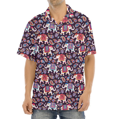 Vintage Indian Elephant Pattern Print Aloha Shirt