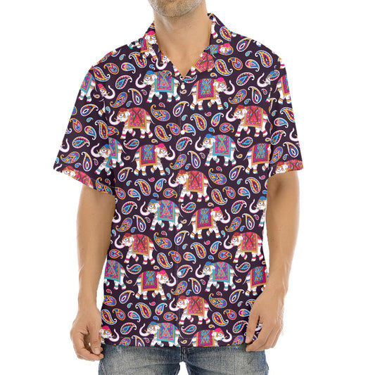 Vintage Indian Elephant Pattern Print Aloha Shirt