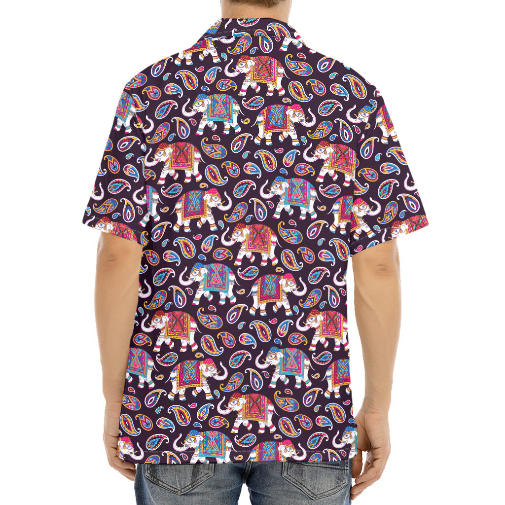 Vintage Indian Elephant Pattern Print Aloha Shirt