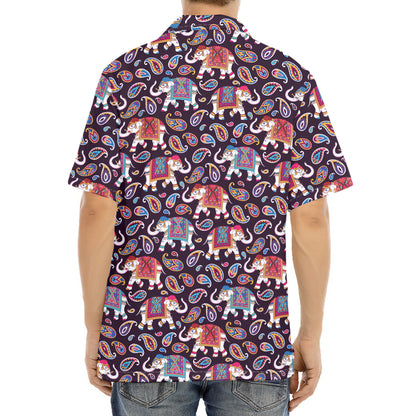 Vintage Indian Elephant Pattern Print Aloha Shirt