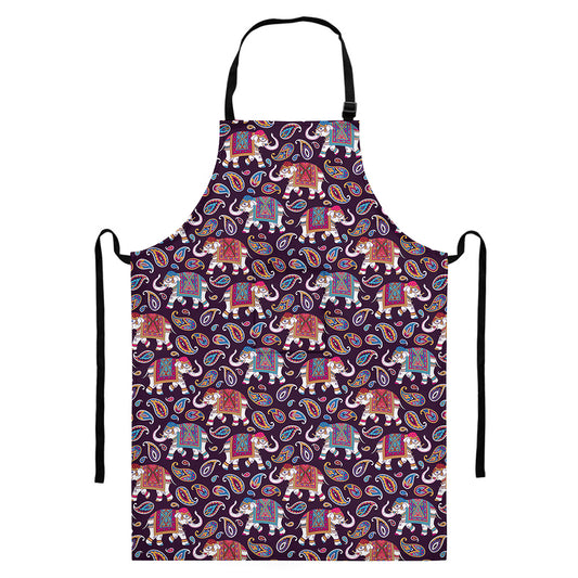 Vintage Indian Elephant Pattern Print Bib Apron With Pocket