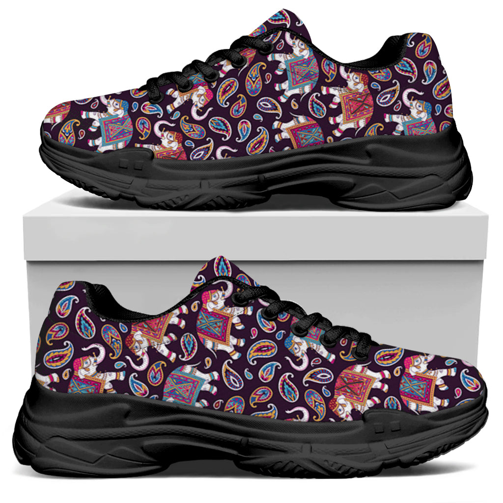 Vintage Indian Elephant Pattern Print Black Chunky Shoes