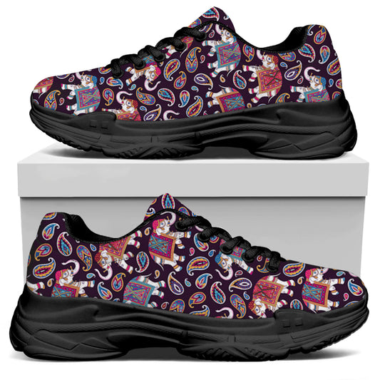 Vintage Indian Elephant Pattern Print Black Chunky Shoes