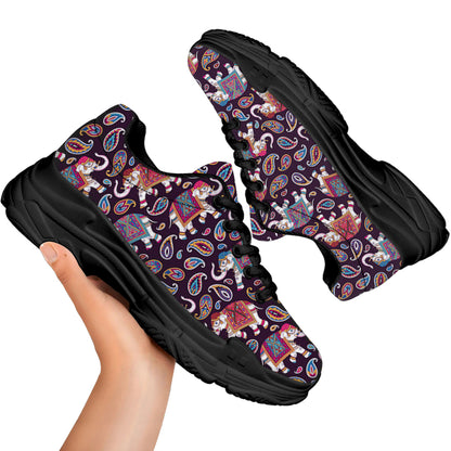 Vintage Indian Elephant Pattern Print Black Chunky Shoes