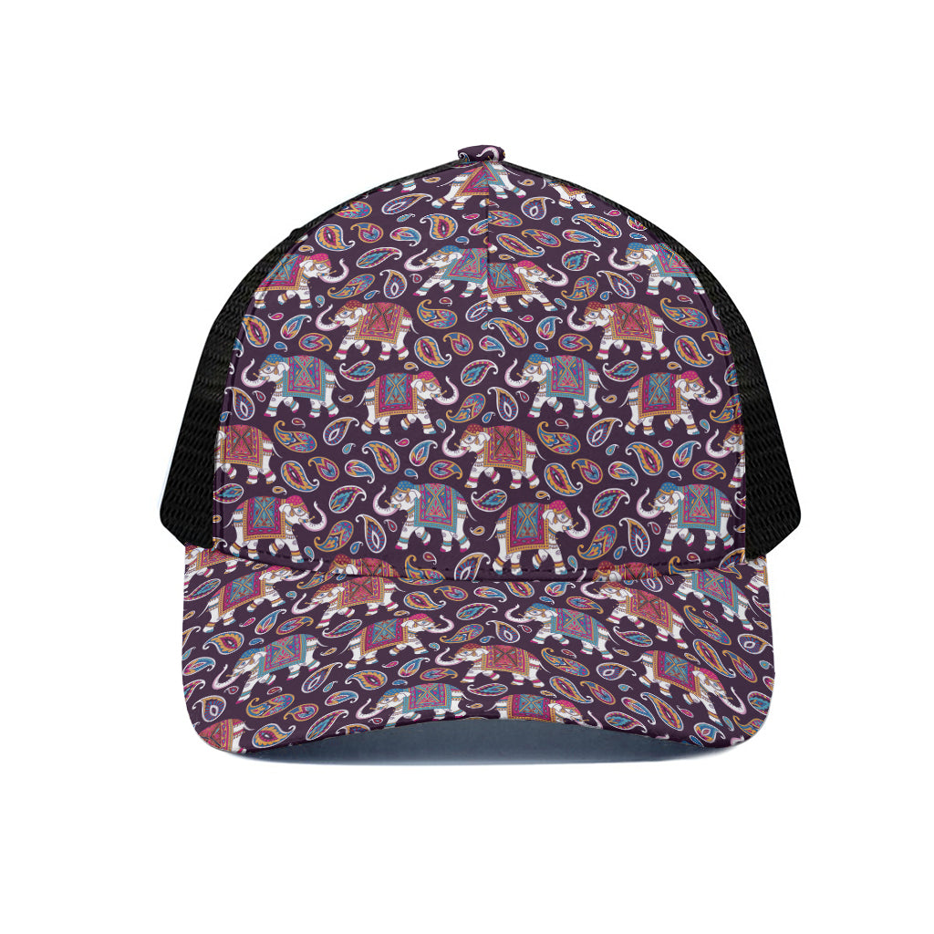 Vintage Indian Elephant Pattern Print Black Mesh Trucker Cap