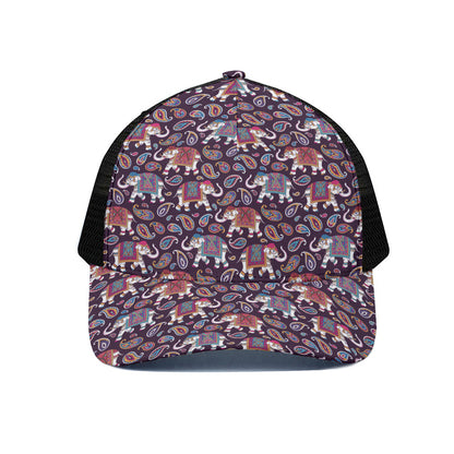 Vintage Indian Elephant Pattern Print Black Mesh Trucker Cap
