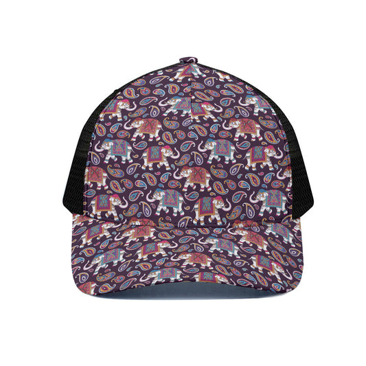 Vintage Indian Elephant Pattern Print Black Mesh Trucker Cap