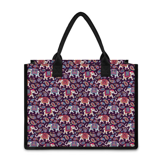 Vintage Indian Elephant Pattern Print Canvas Tote Bag