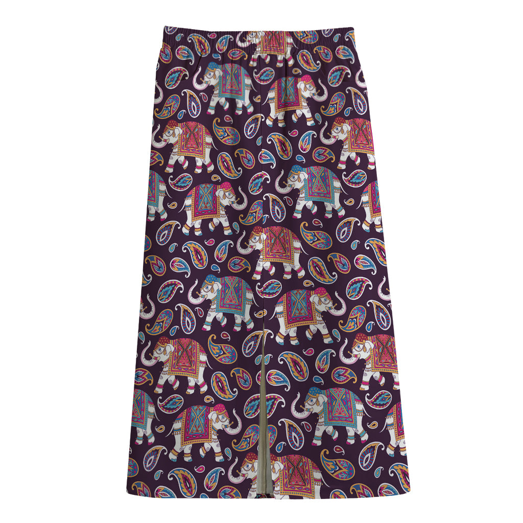 Vintage Indian Elephant Pattern Print Cotton Front Slit Maxi Skirt